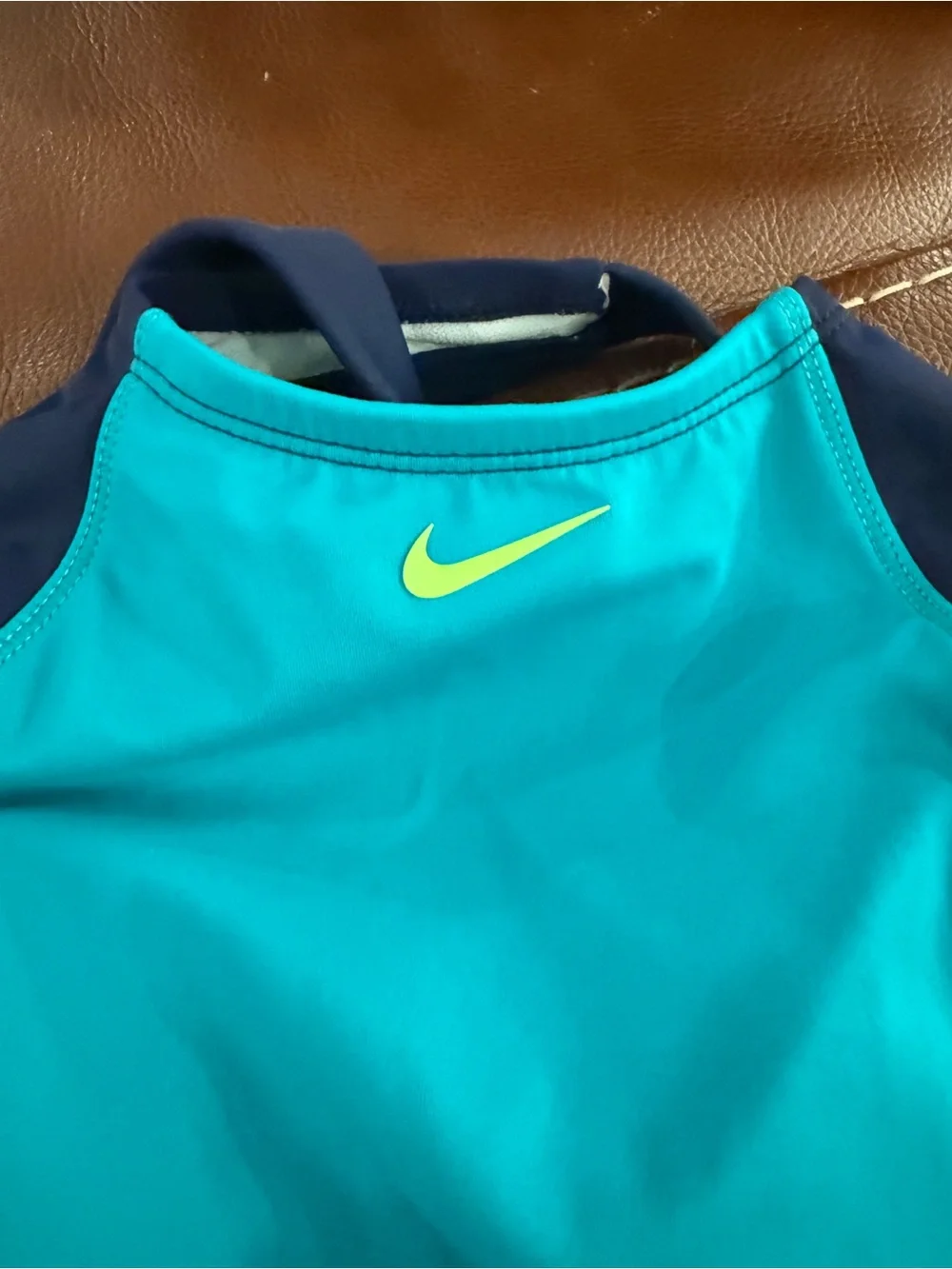 Nike halter Swimsuit top with Navy Trim and Yellow Swoosh